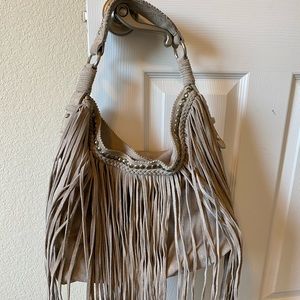 Like New Sondra Roberts Grey Suede Fringe Slouchy Tote, Silver Nailhead Accents